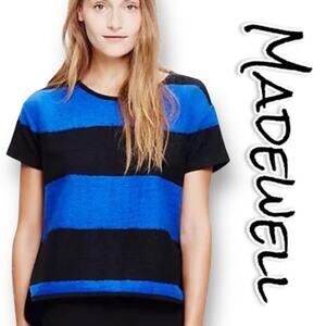 Madewell Wool Brushed Rugby-Striped Top Blue Black Short Sleeve Womens Sz Small